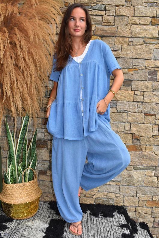 Lina Linen Blend Smock Over Shirt Washed Denim